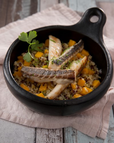 Doradenfilet mit Limettenzeste und Quinoa-Mango-Risotto mit Chablis Premier Cru